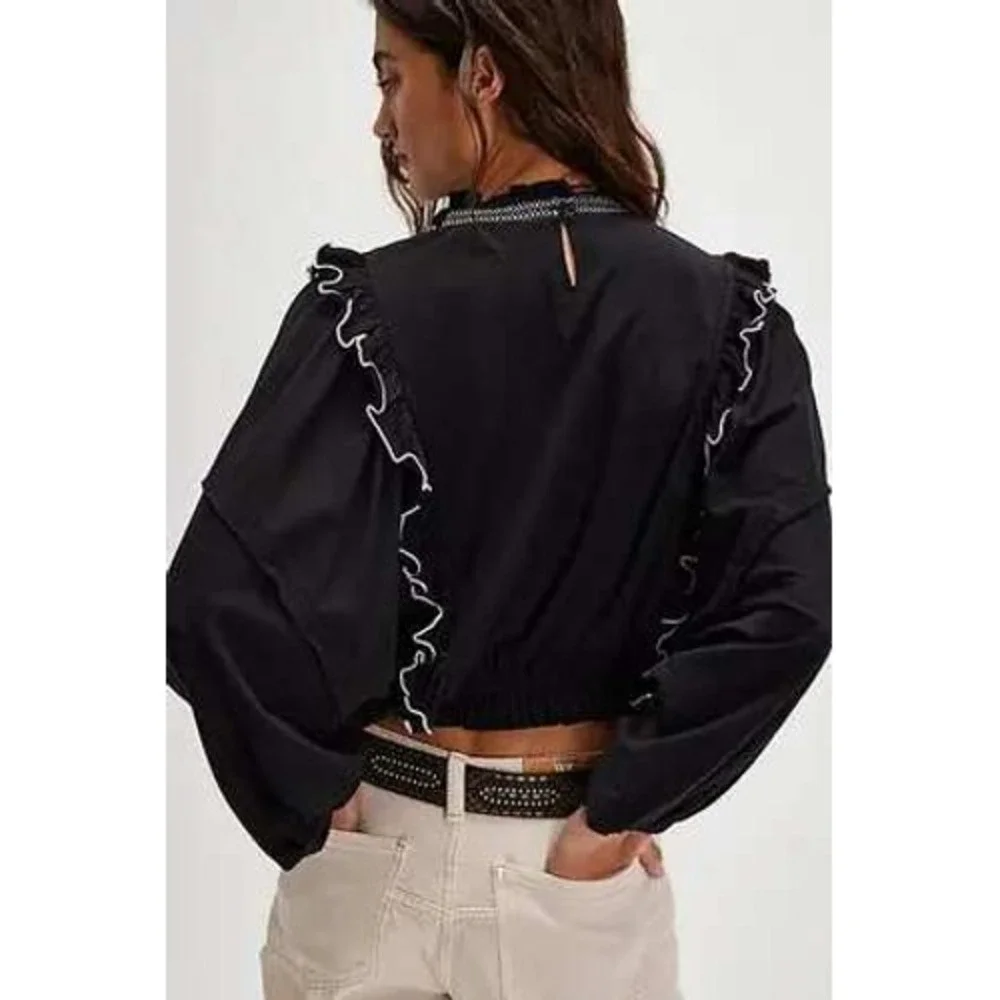 Free People Embroider Me Top Ruffle‎ Balloon Sleeve Blouse Black XS